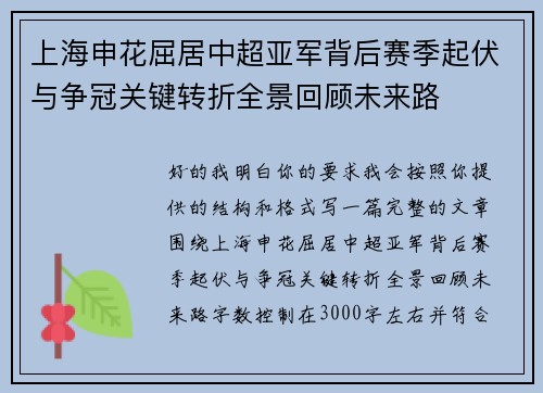 上海申花屈居中超亚军背后赛季起伏与争冠关键转折全景回顾未来路 上海申花屈居中超亚军背后赛季起伏与争冠关键转折全景回顾未来路